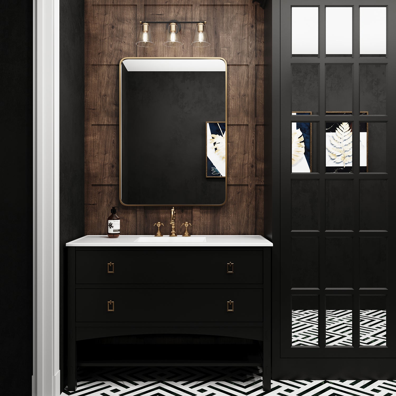 Carlisle 3 Light Vanity, Matte Black and Brushed Brass