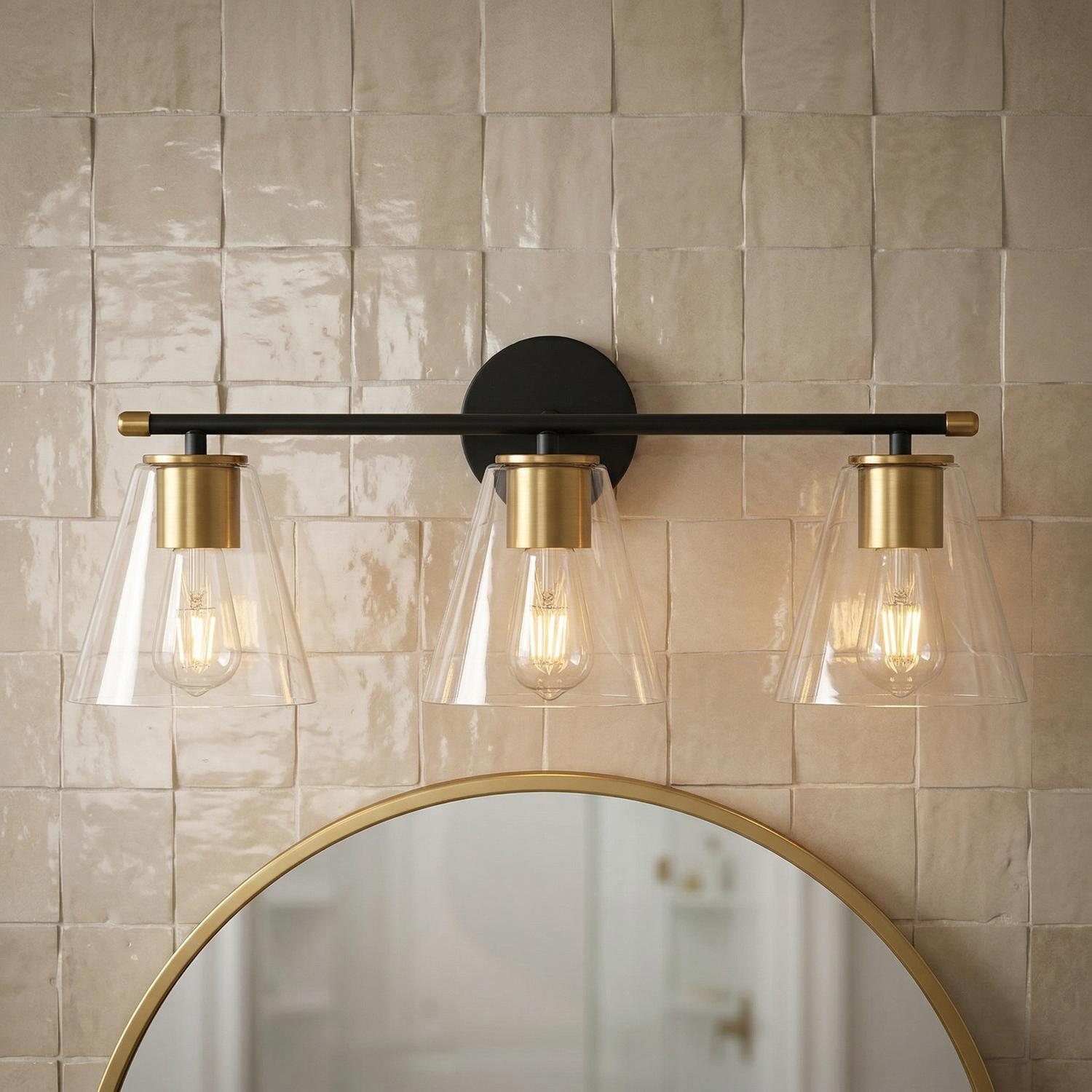 Carlisle 3 Light Vanity, Matte Black and Brushed Brass