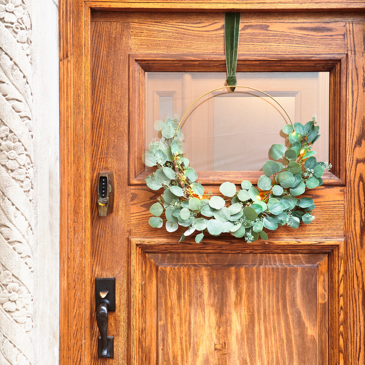 Eucalyptus Asymmetrical Wreath with Cluster Lights & Velvet Ribbon