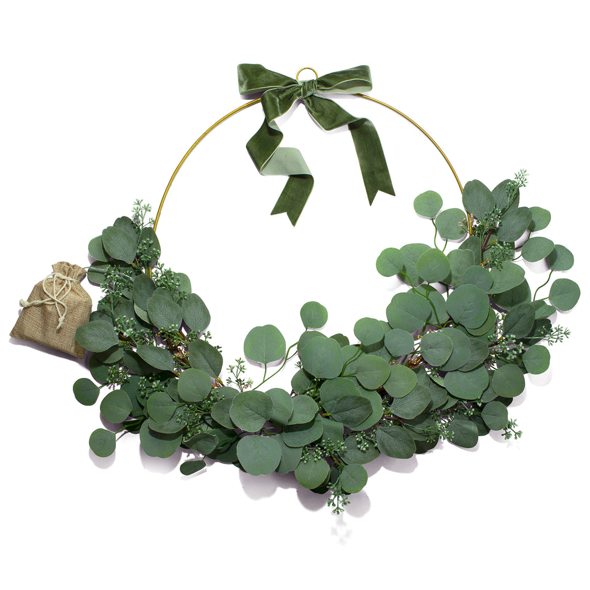 Eucalyptus Asymmetrical Wreath with Cluster Lights & Velvet Ribbon