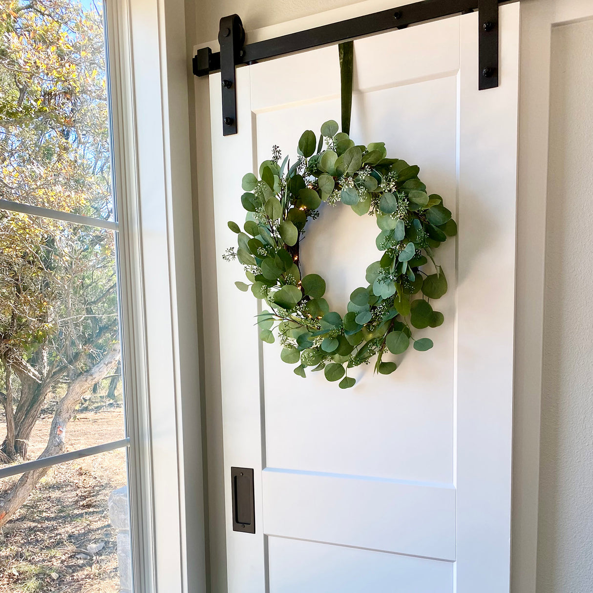 Eucalyptus Wreath with Cluster Lights & Velvet Ribbon