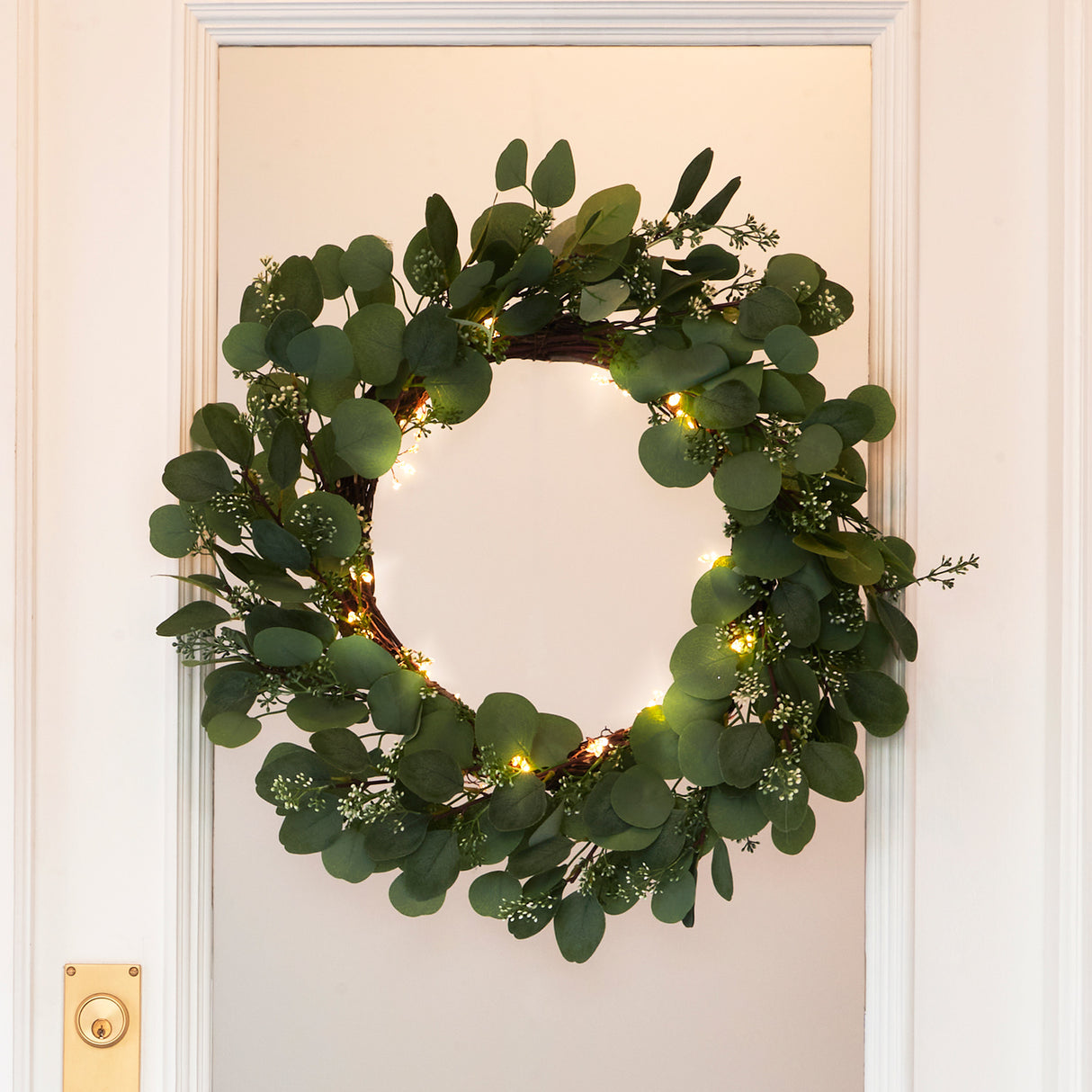 Eucalyptus Wreath with Cluster Lights & Velvet Ribbon