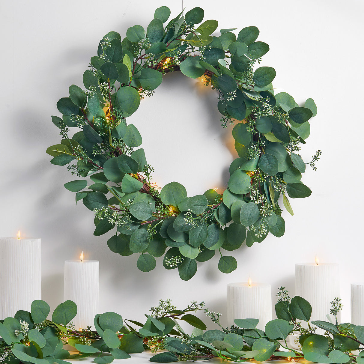 Eucalyptus Wreath with Cluster Lights & Velvet Ribbon