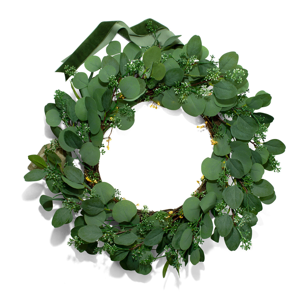 Eucalyptus Wreath with Cluster Lights & Velvet Ribbon