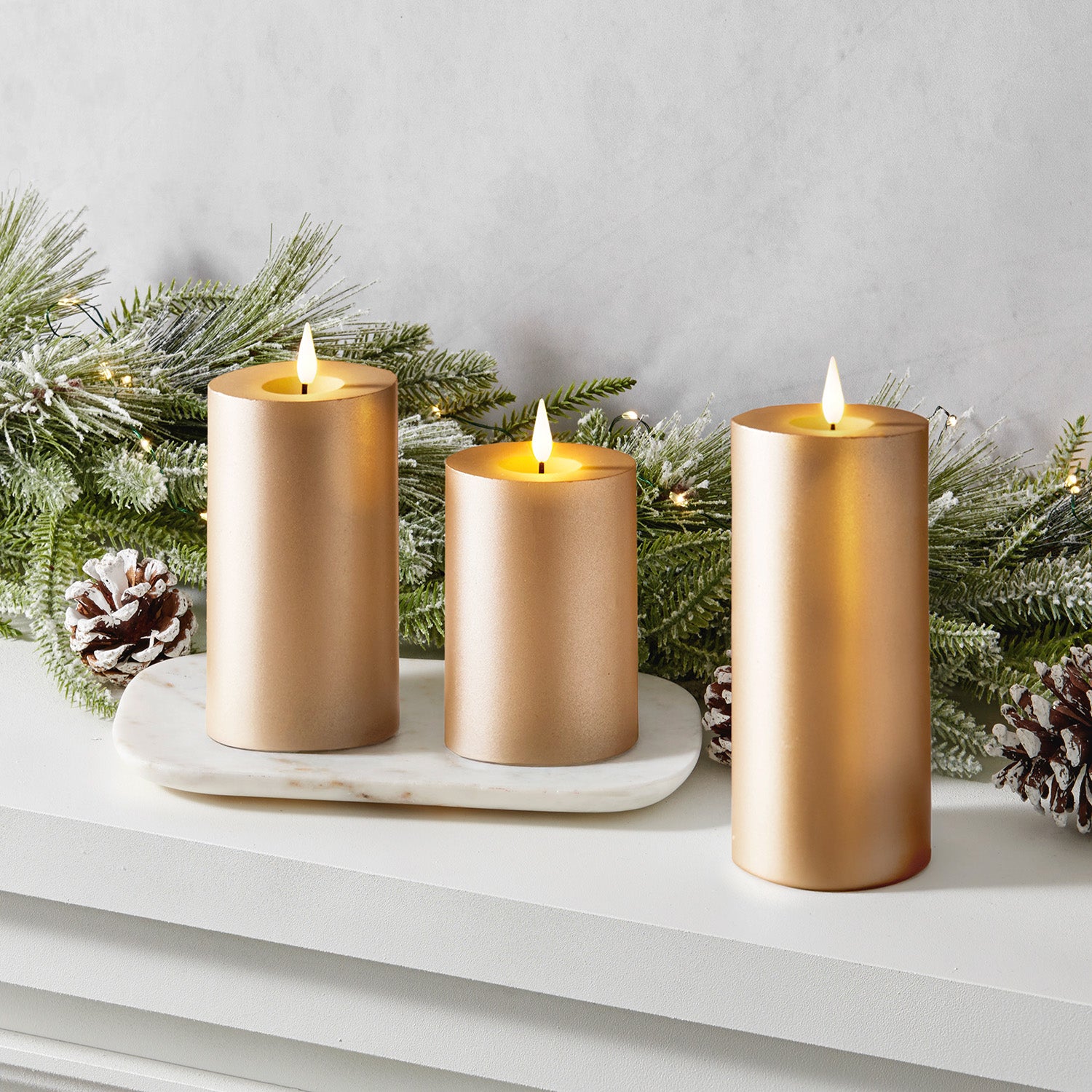 Infinity Wick Matte Gold Pillar Candles, 3