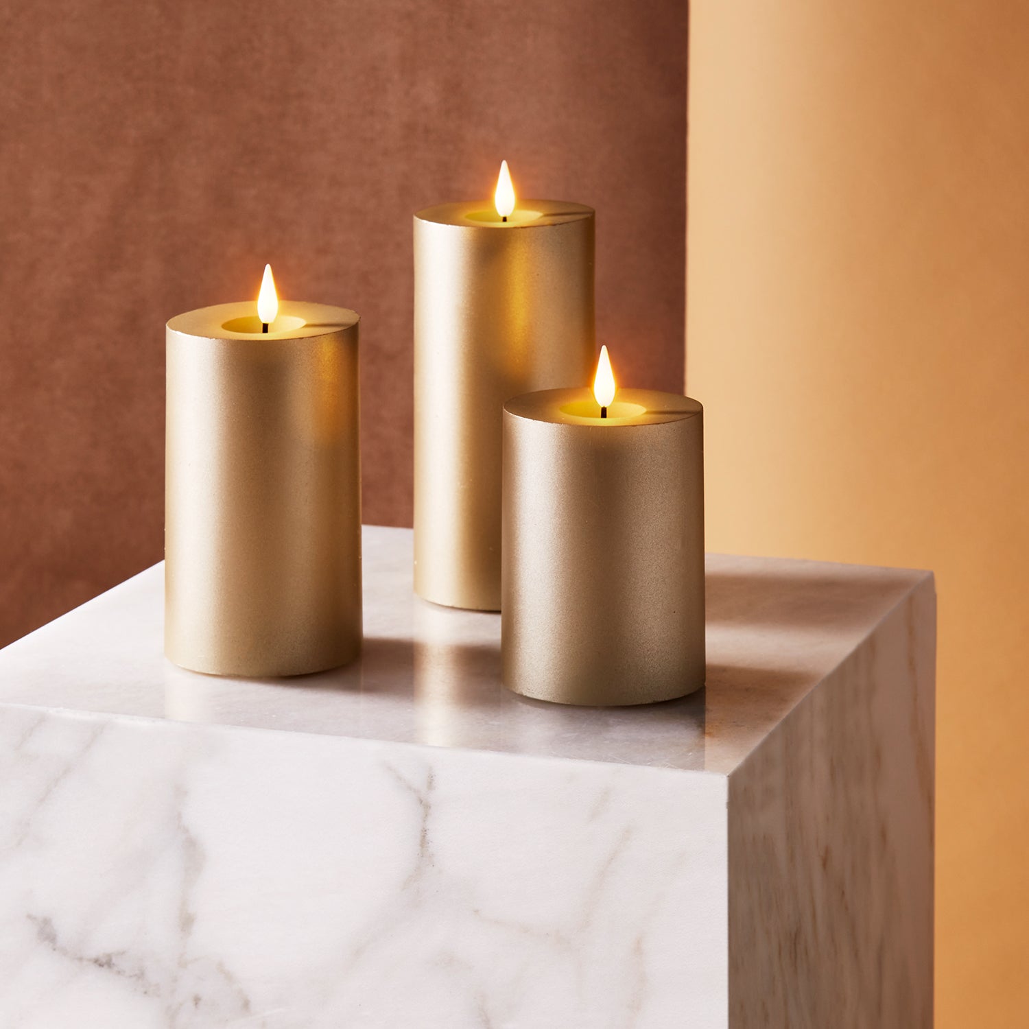 Infinity Wick Matte Gold Pillar Candles, 3