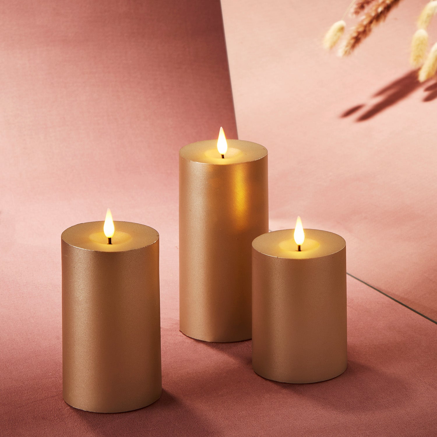 Infinity Wick Matte Gold Pillar Candles, 3