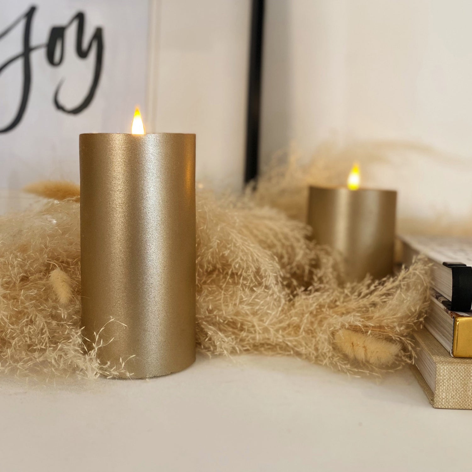 Infinity Wick Matte Gold Pillar Candles, 3