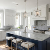 Anover Small Lantern Pendant 9.5", Polished Nickel geometric pendant in a Transitional Kitchen with a blue paneled island.