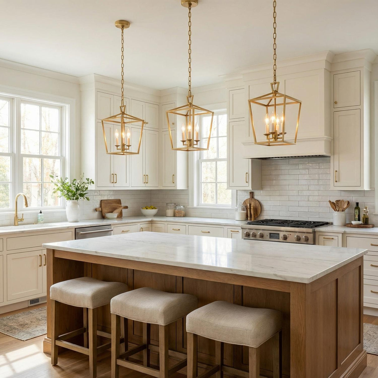 Anover Small Lantern Pendant 9.5", Satin Brass geometric Pendant in a Transitional Kitchen with a white marble island and wood bar stools.