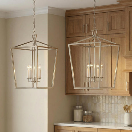 A transitional kitchen with two Anover Large Lantern Pendant 17", Polished Nickel fixtures hanging over the island beside light wood cabinets and a glazed tile backsplash.