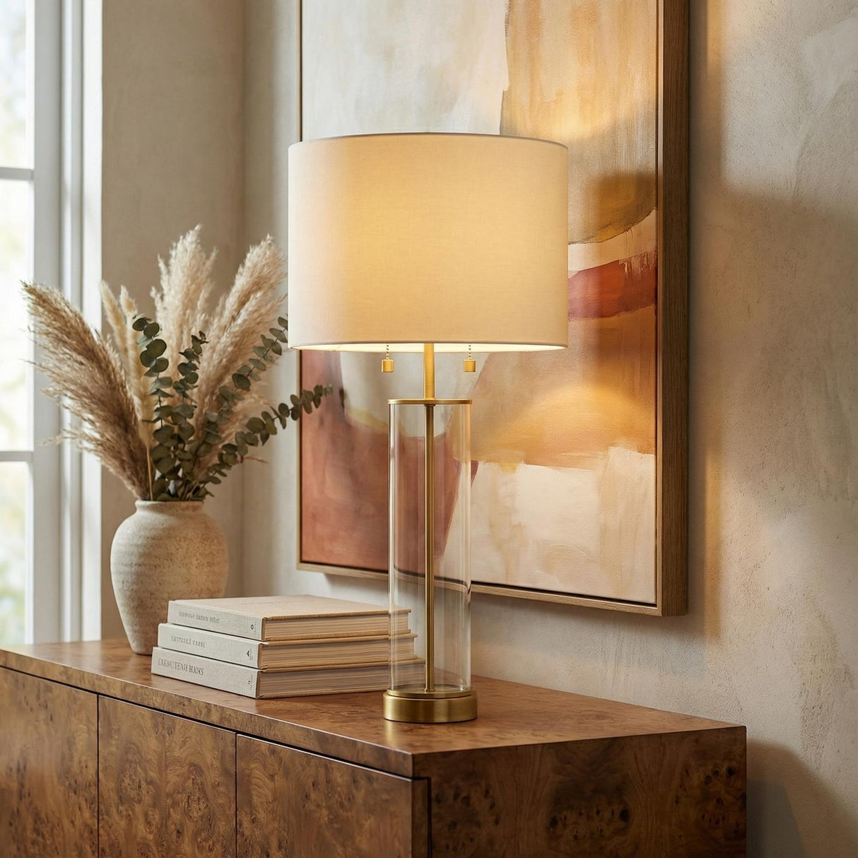 Laurel Glass Cylinder Table Lamp 29", Satin Brass
