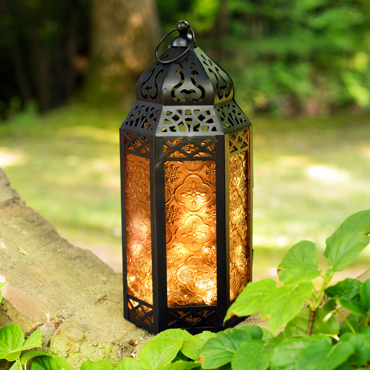 Marrakesh Lantern with String Lights, Amber