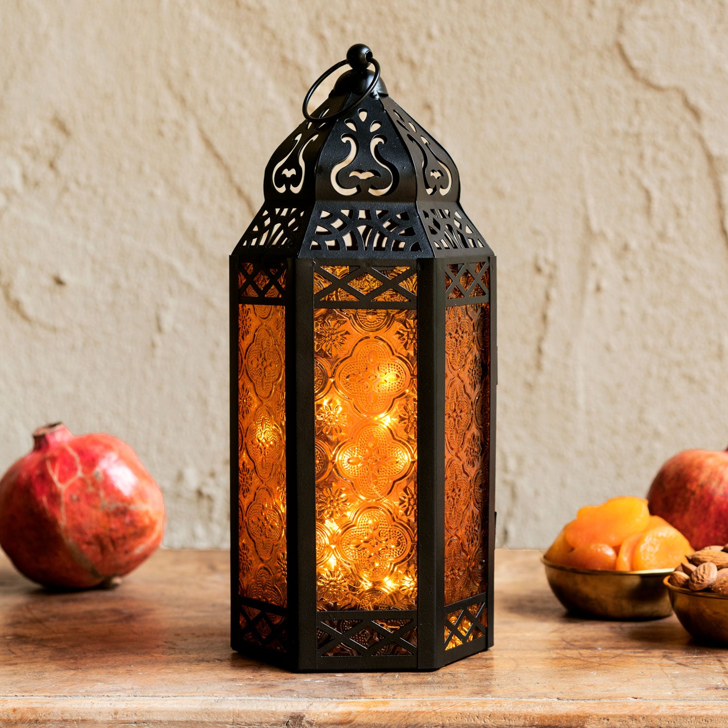 Marrakesh Lantern with String Lights, Amber
