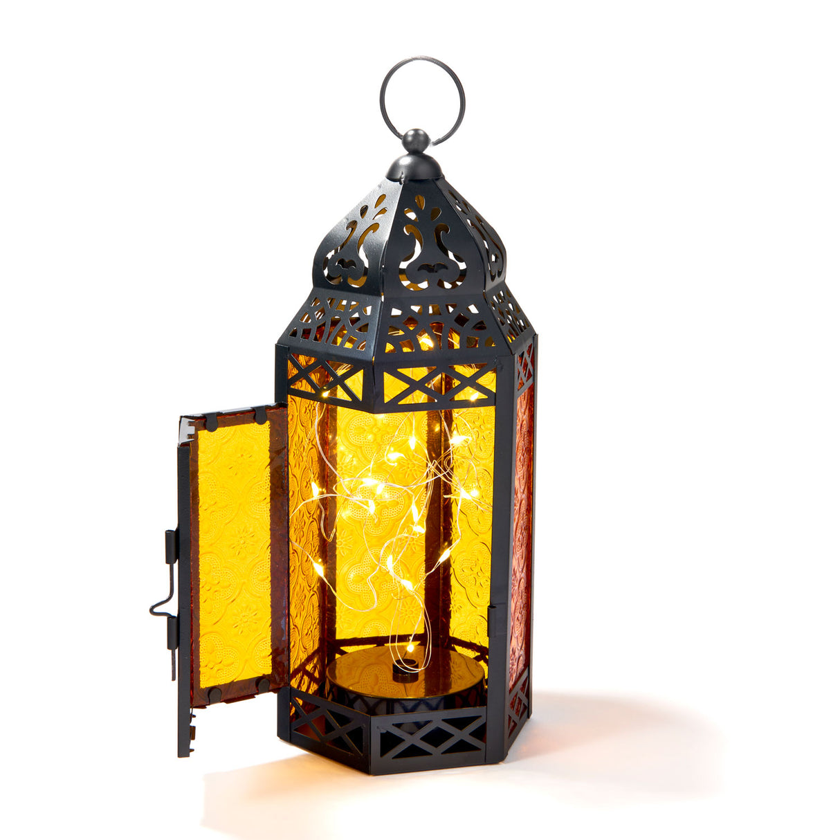 Marrakesh Lantern with String Lights, Amber