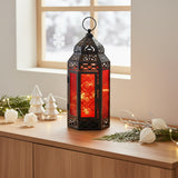 Red Glass Moroccan Christmas Lantern with twinkle lights for modern red and black holiday decor