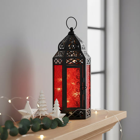 Red Glass Moroccan Christmas Lantern with twinkle lights for modern red and black holiday decor