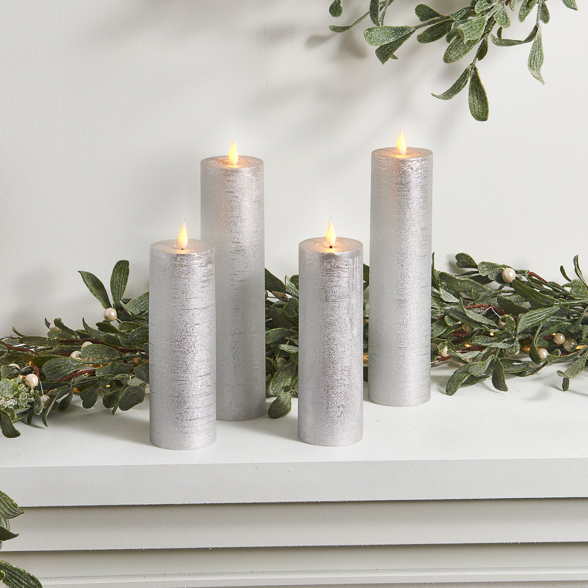 Infinity Wick Silver Distressed Slim Pillar Candles, Set of 4
