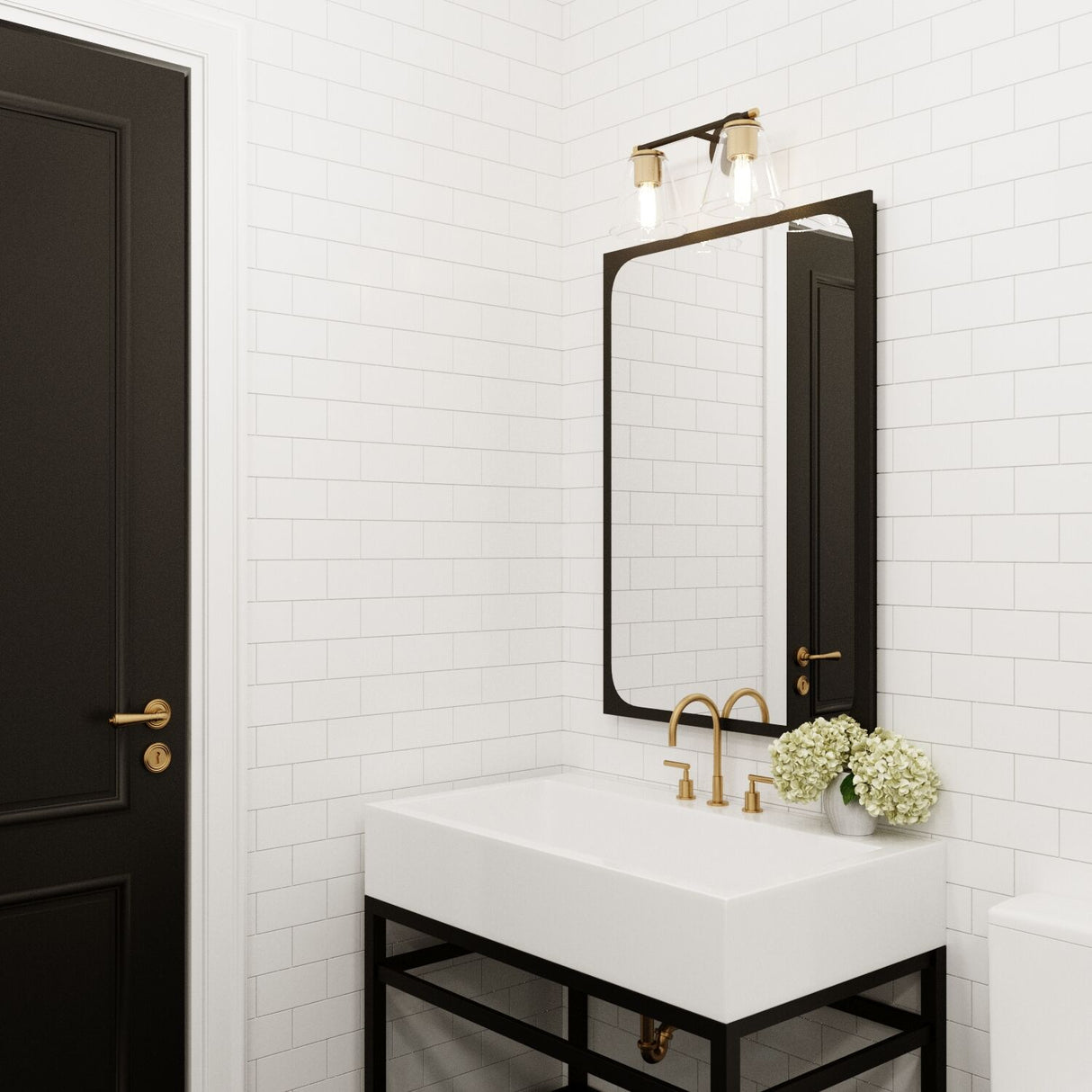 Carlisle 2 Light Vanity, Matte Black and Brushed Brass with Clear Glass