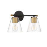 Carlisle 2 Light Vanity, Matte Black and Brushed Brass with Clear Glass