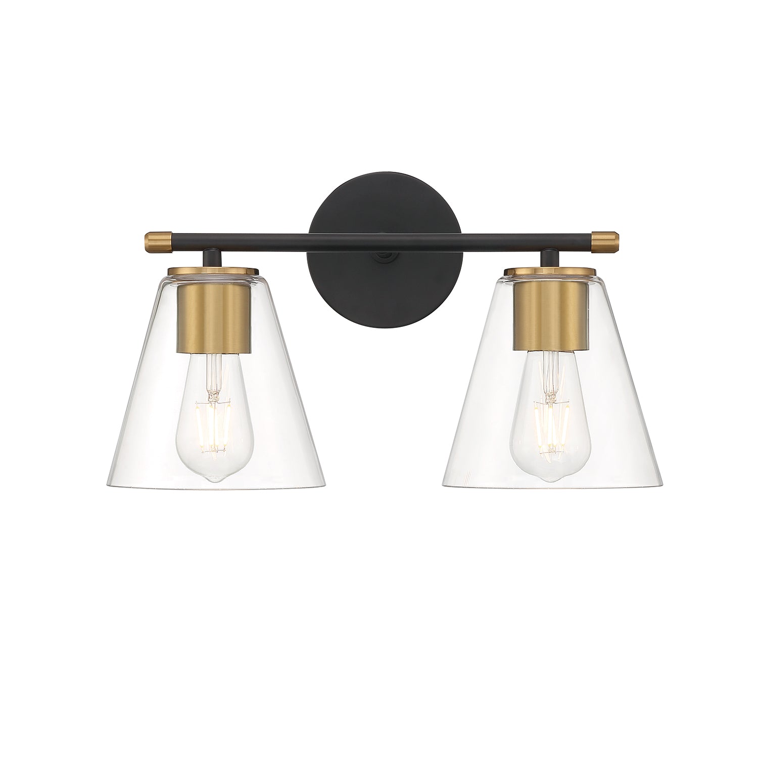 Carlisle 2 Light Vanity, Matte Black and Brushed Brass with Clear Glass