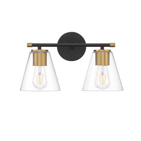 Carlisle 2-Light Vanity, Matte Black and Brushed Brass with Clear Glass