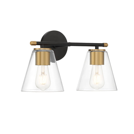 Open Box Carlisle 2 Light Vanity, Matte Black and Brushed Brass with Clear Glass