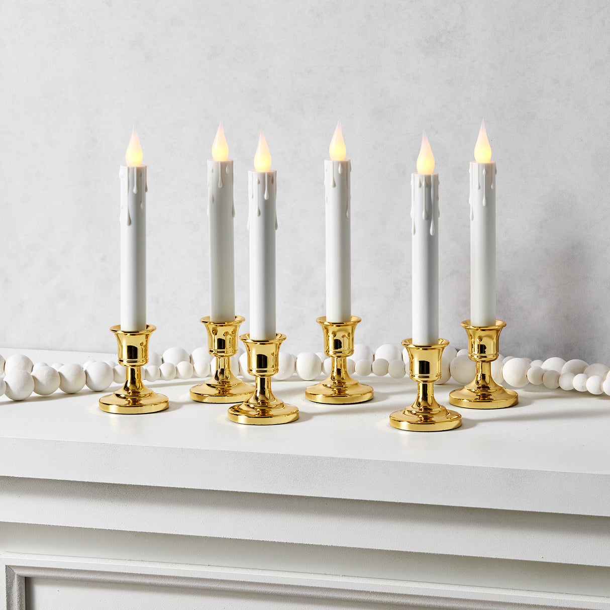 Ivy White Flameless Resin Window Candles with Removable Gold Bases, Set of 6