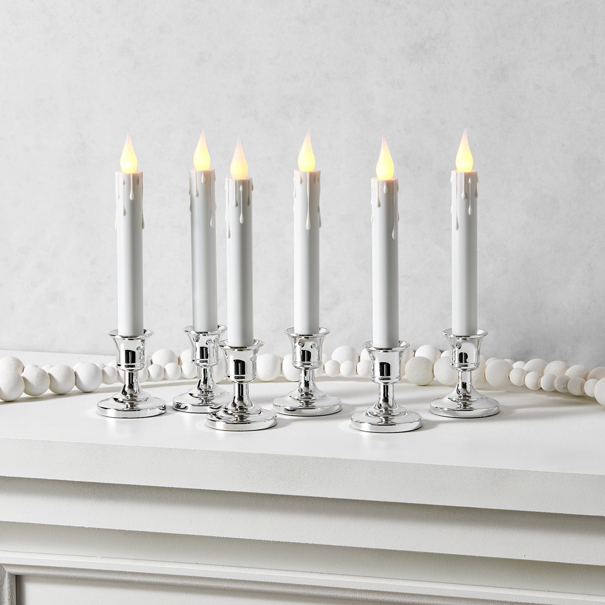 Ivy White Flameless Resin Window Candles with Removable Silver Bases, Set of 6