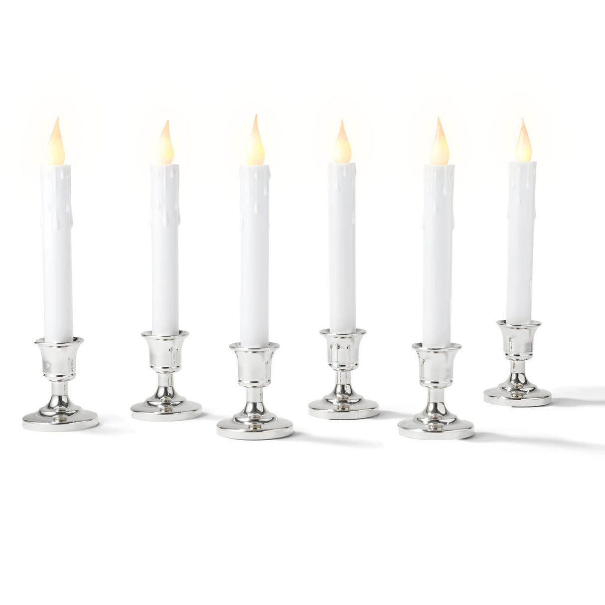 Ivy White Flameless Resin Window Candles with Removable Silver Bases, Set of 6