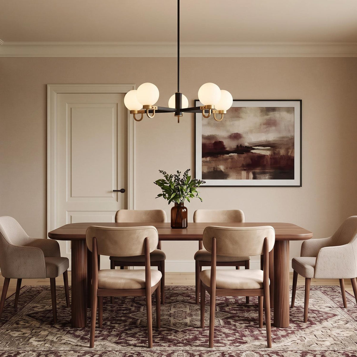 A transitional dining room with the Ryan 5 Light Chandelier 30", Matte Black and Aged Brass featuring opal globe shades over a walnut dining table.