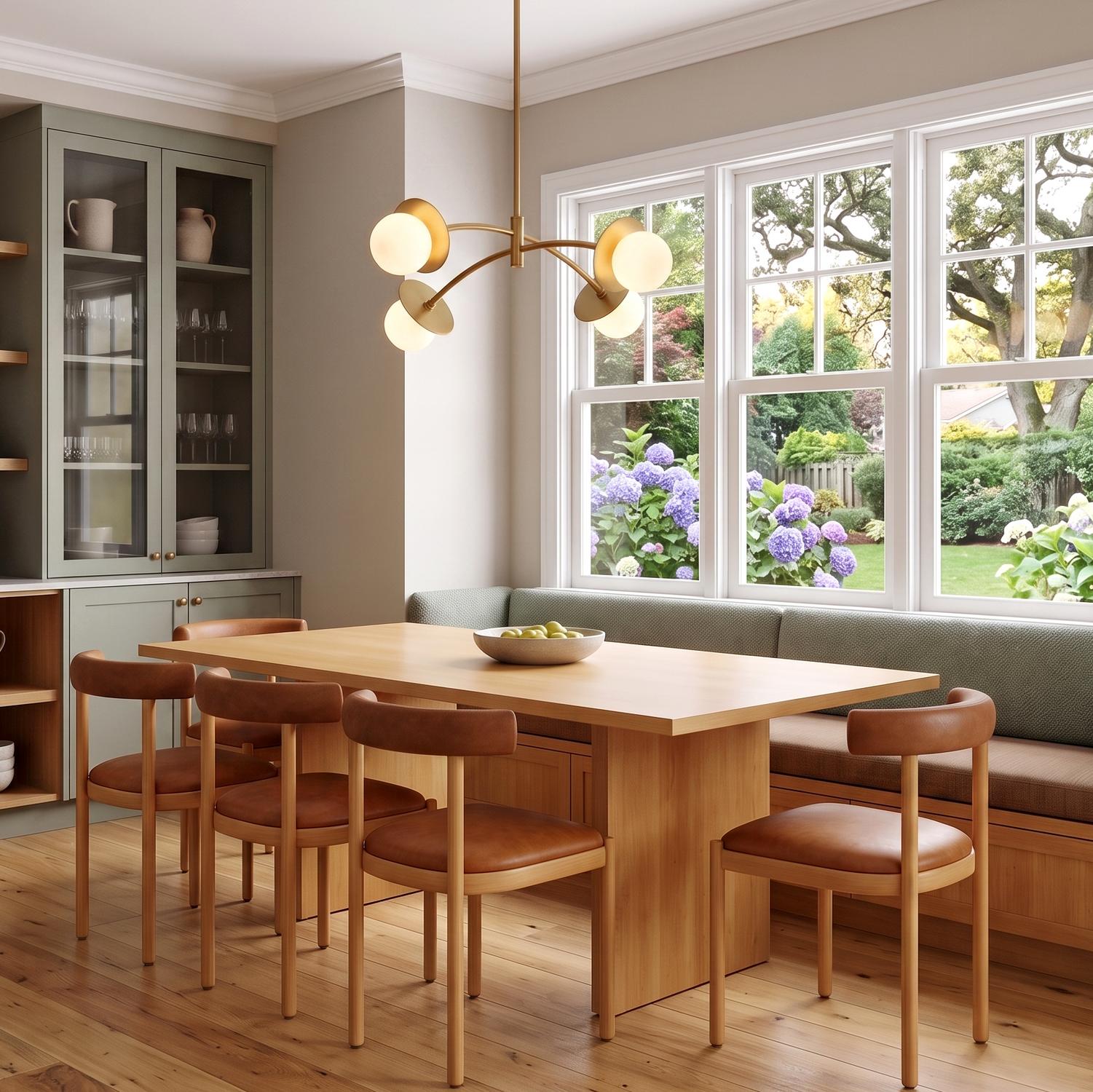 A modern dining room with the Levi 4 Globe Chandelier 26