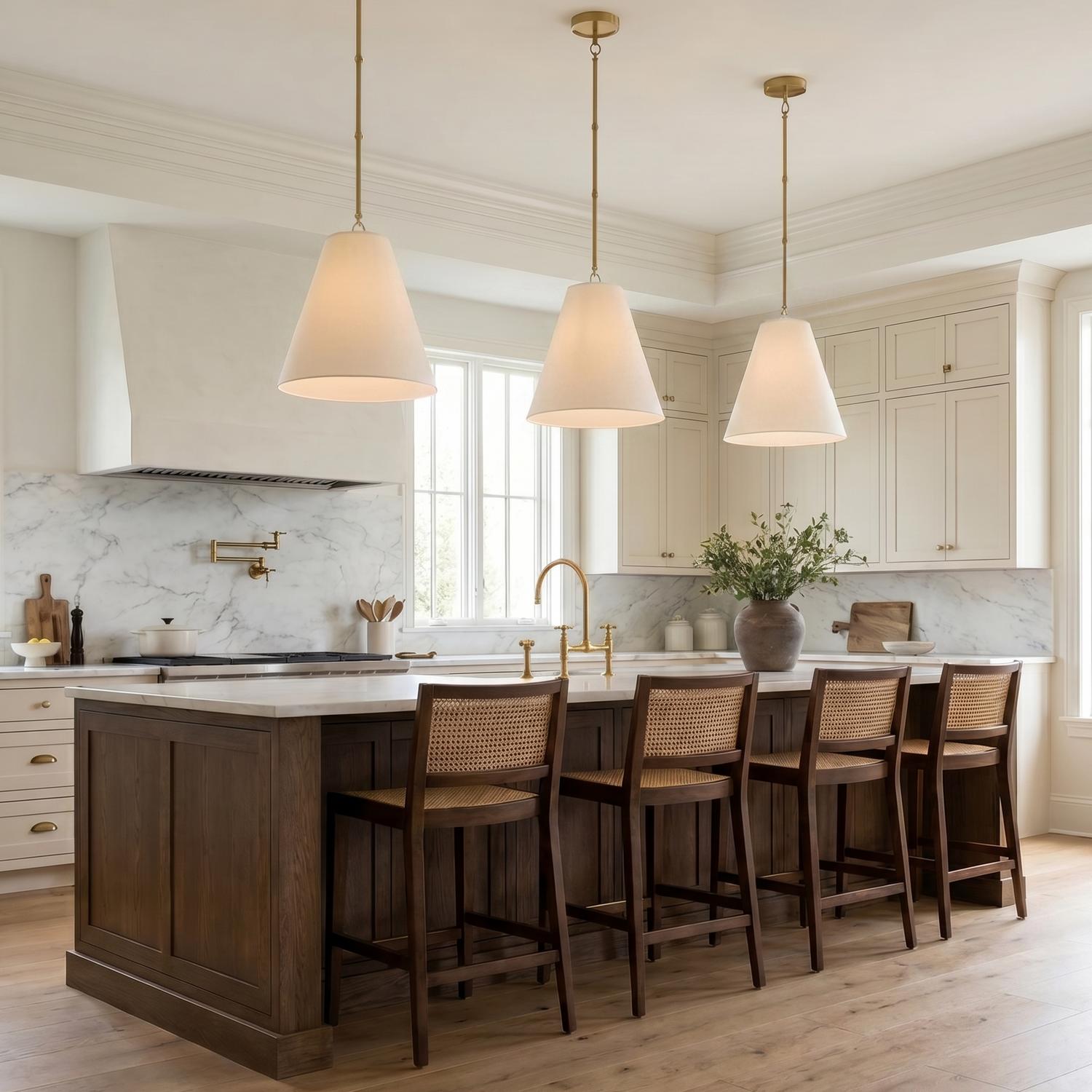 A transitional kitchen with three Luca Large 18 inch Conical Pendants in satin brass and white linen over a dark wood island with white marble countertops.
