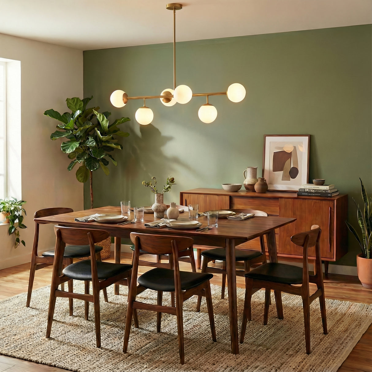 Castell 6 Globe Linear Pendant 46", Brass globe linear pendant in a Mid-Century Dining Room with a wooden dining table and green accent wall.