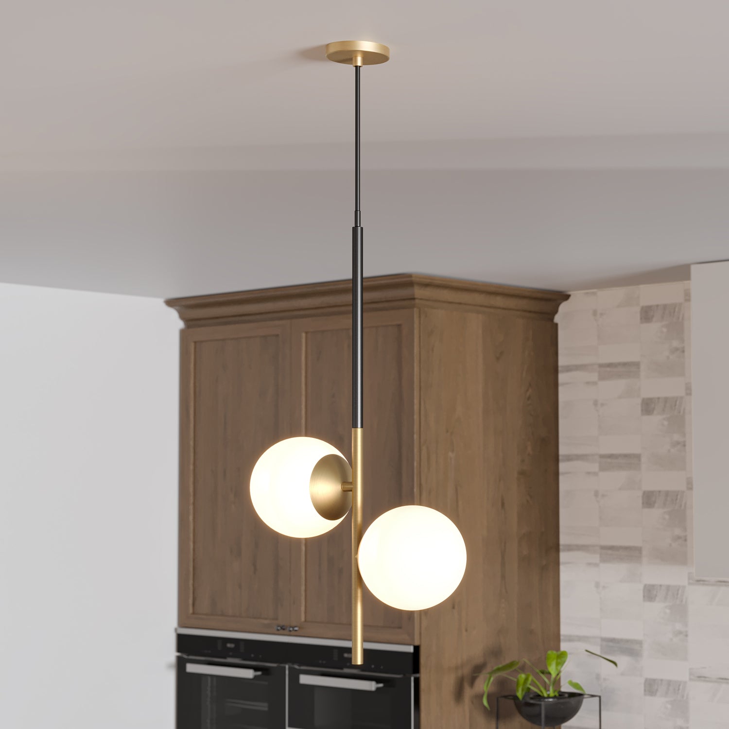 Castell 2 Globe LED Pendant, Matte Black and Aged Brass