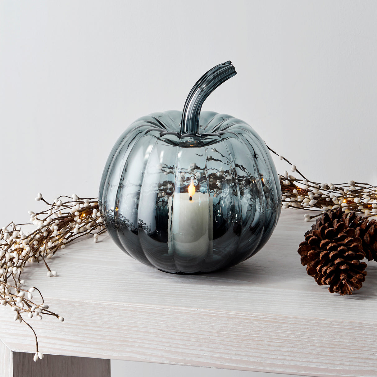 Black Ombre Glass Pumpkin with Flameless Candle