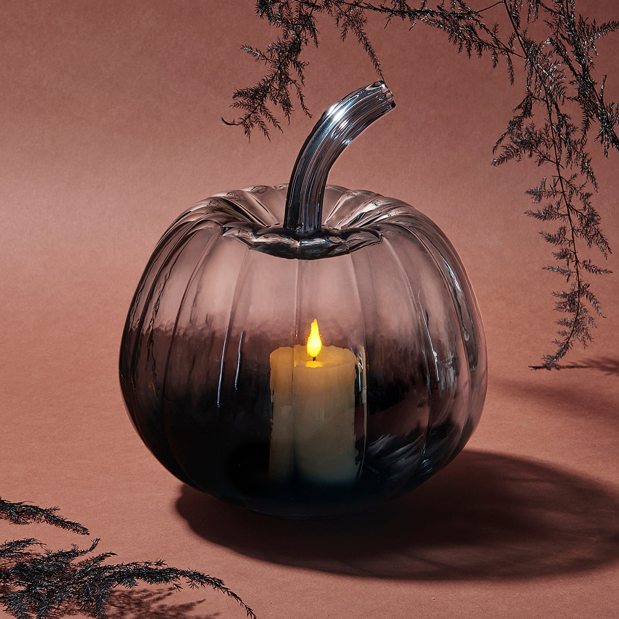 Black Ombre Glass Pumpkin with Flameless Candle