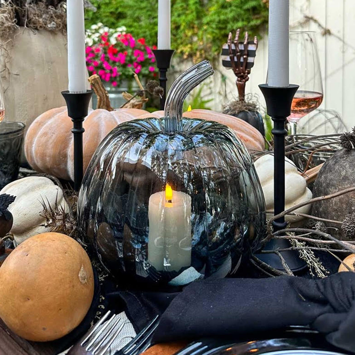 Blair Large Black Ombre Glass Pumpkin with Flameless Candle