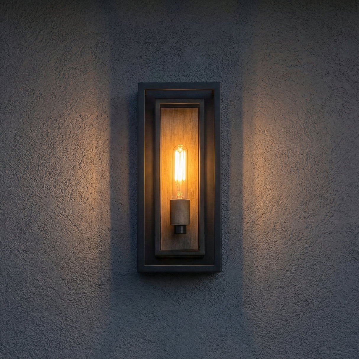 Matte Black with Wood & Dark Bronze accents geometric Outdoor Wall Light in a Modern Outdoor setting with a textured wall.
