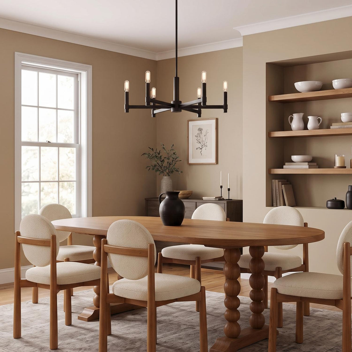 A contemporary dining room with the Carson 6 Light Chandelier in matte black suspended over an oval wood table with cream bouclé chairs and built-in shelving.