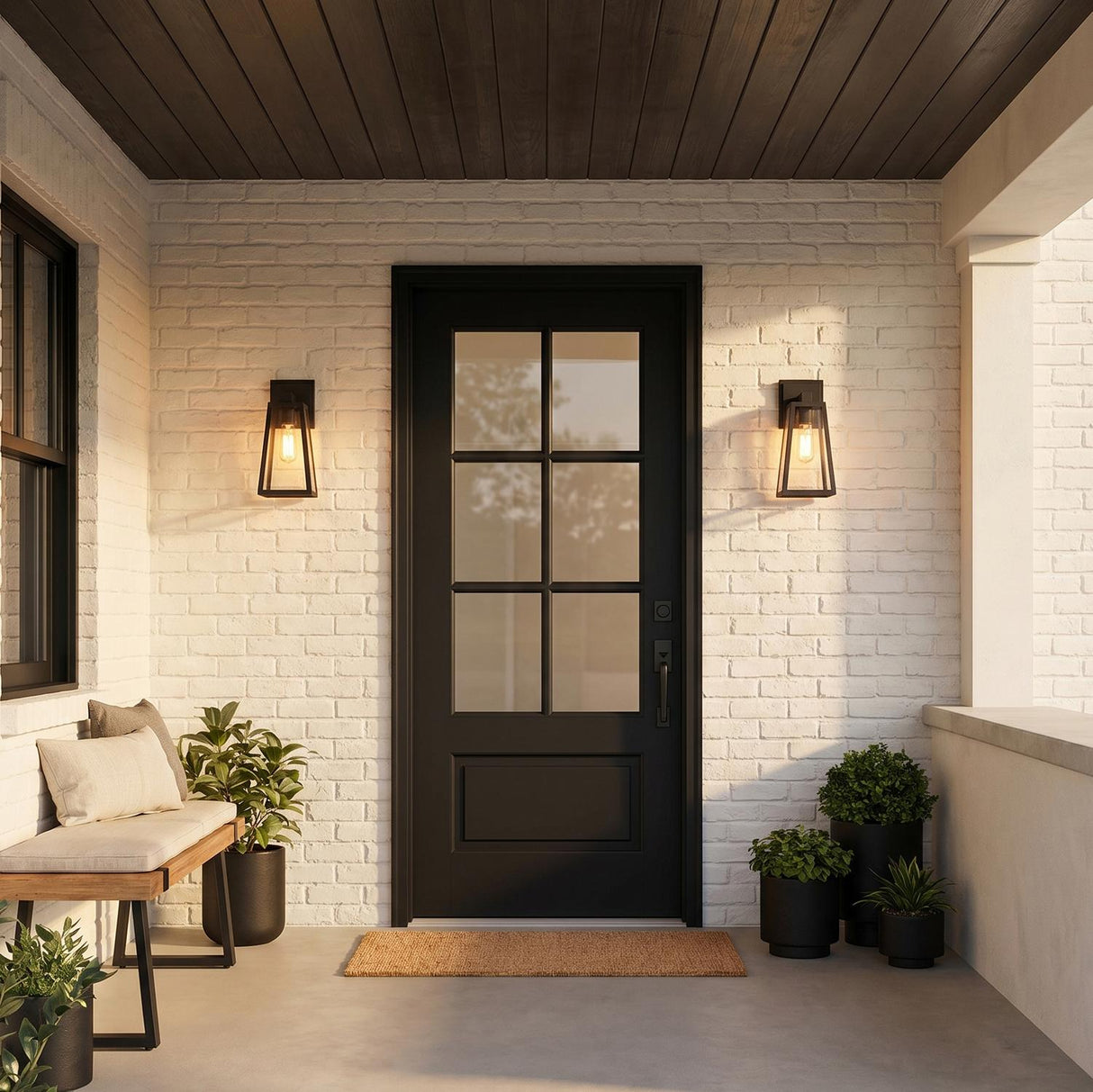 A modern farmhouse porch featuring two matte black Ira Outdoor Wall Light, Small lanterns glowing at dusk, flanking a black glass-pane door on white brick.