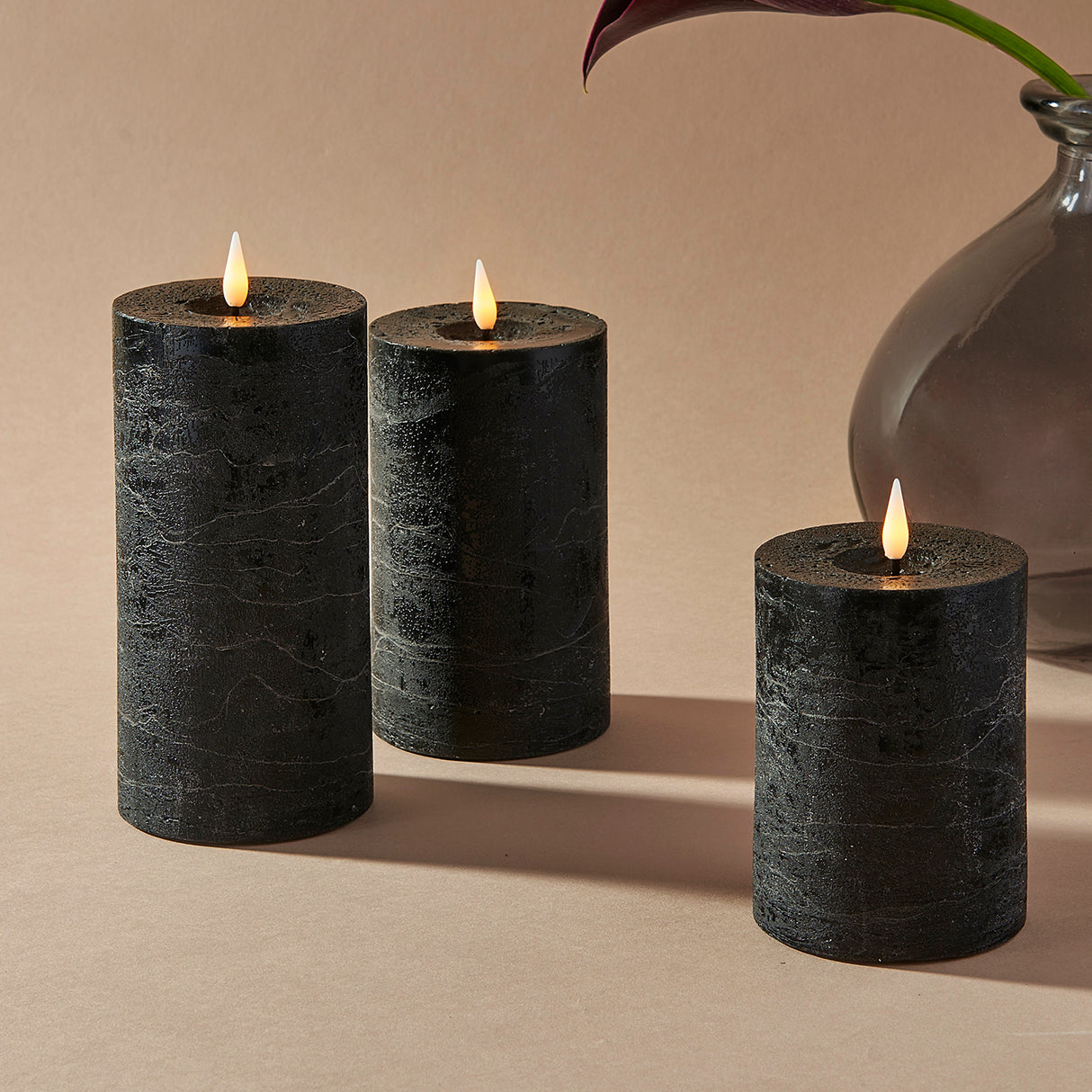 Infinity Wick Black Distressed Pillar Candles, 3" Multipack, Set of 3