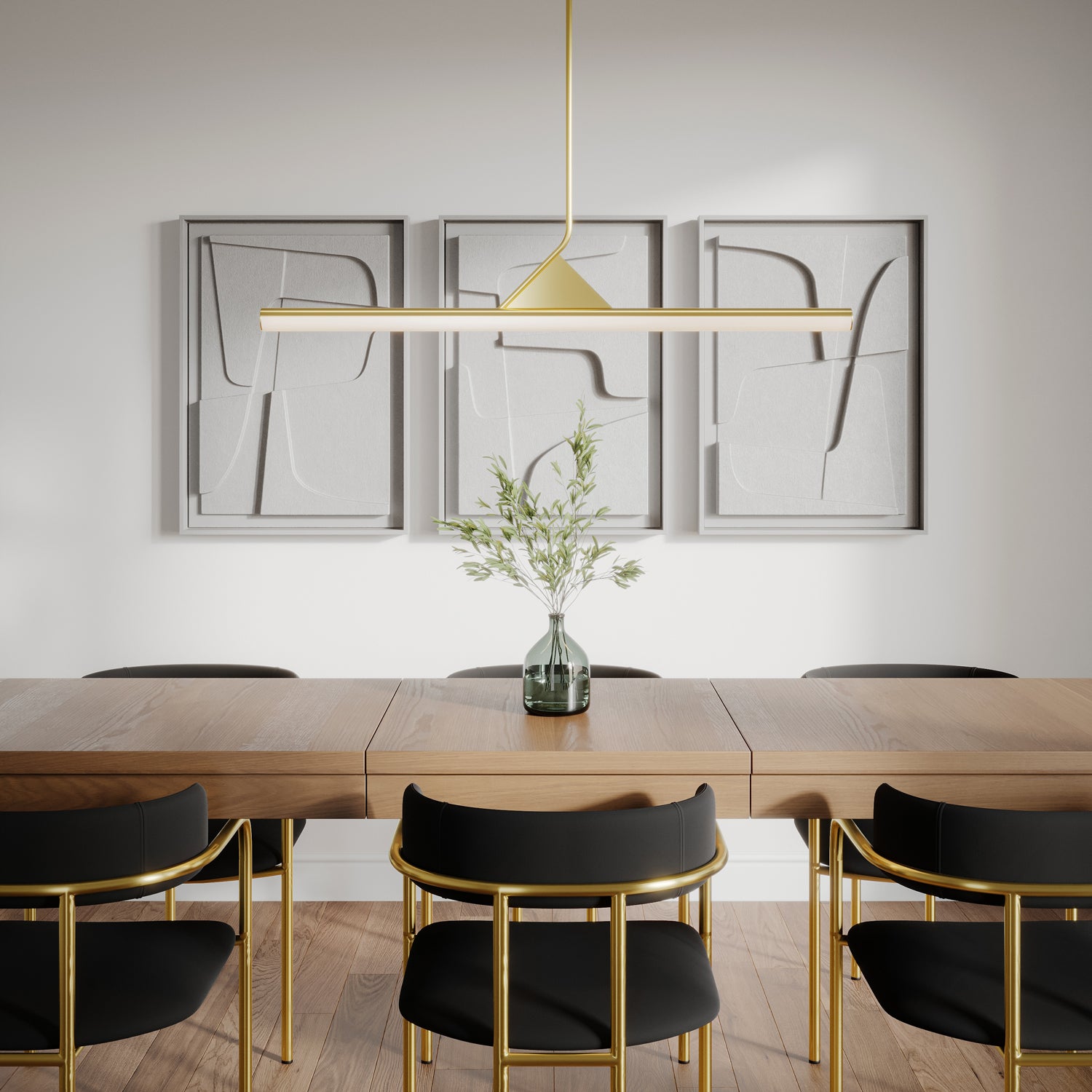 Modern dining table in oak wood, with six, black and brass chairs, geometric art on the wall, and illuminated by a sophisticated modern 45