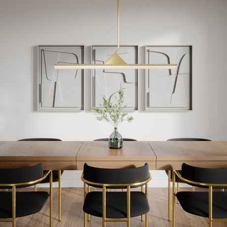 Modern dining table in oak wood, with six, black and brass chairs, geometric art on the wall, and illuminated by a sophisticated modern 45" long linear LED pendant light.