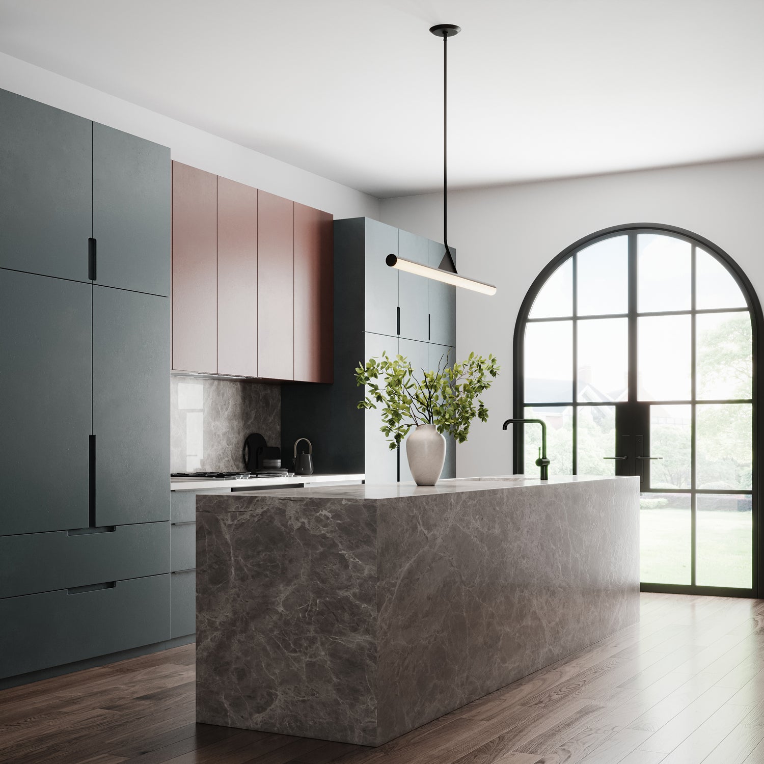 Modern dining kitchen featuring a grey marble island, sleek blue cabinets, and arched black metal door, and illuminated by a sophisticated modern 45