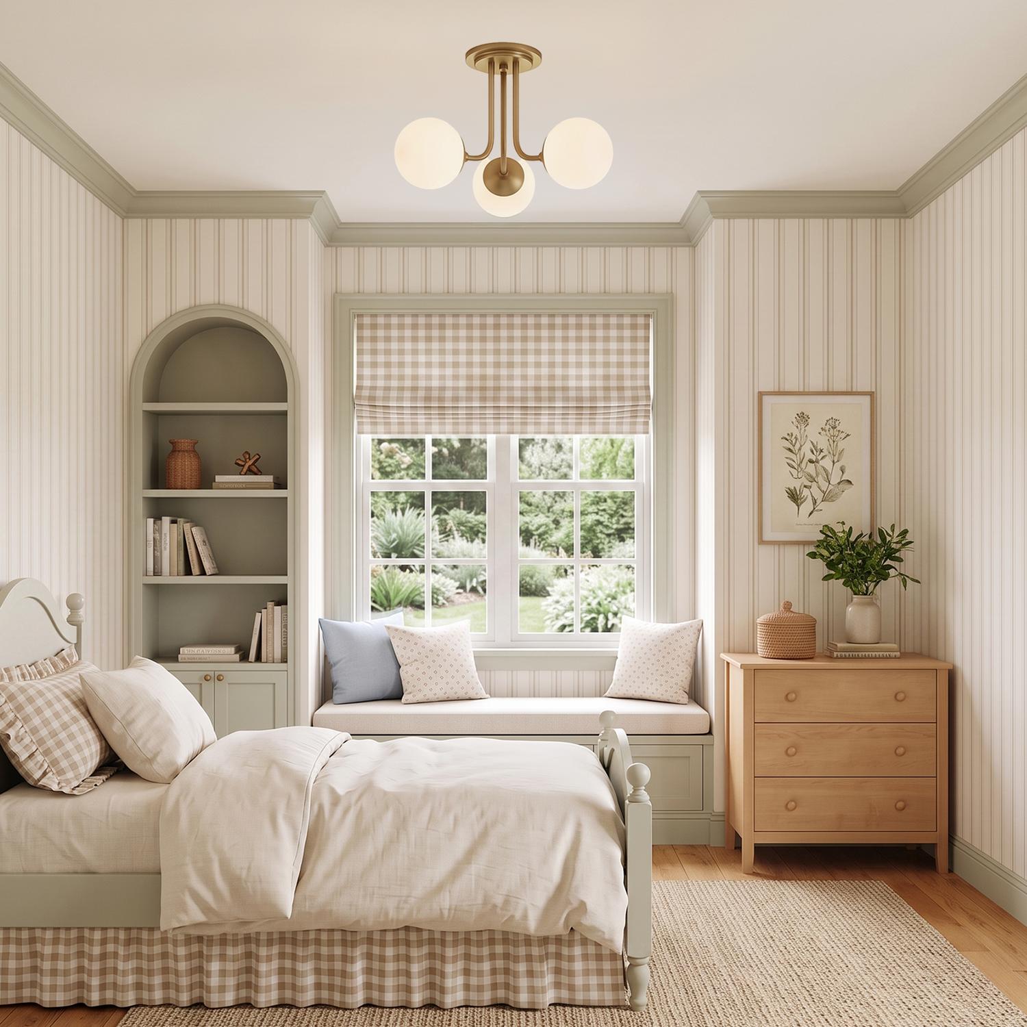 A cottage bedroom with an aged brass three-globe semi-flush mount along the ceiling center featuring striped wallpaper, a built-in sage green bookshelf, and gingham bedding.