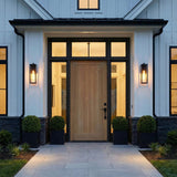Sam Outdoor Wall Light, Large 24" Matte Black geometric Outdoor Wall in a Modern Farmhouse Outdoor with a light wood door.
