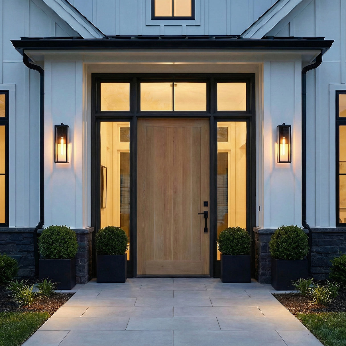 Sam Outdoor Wall Light, Large 24" Matte Black geometric Outdoor Wall in a Modern Farmhouse Outdoor with a light wood door.