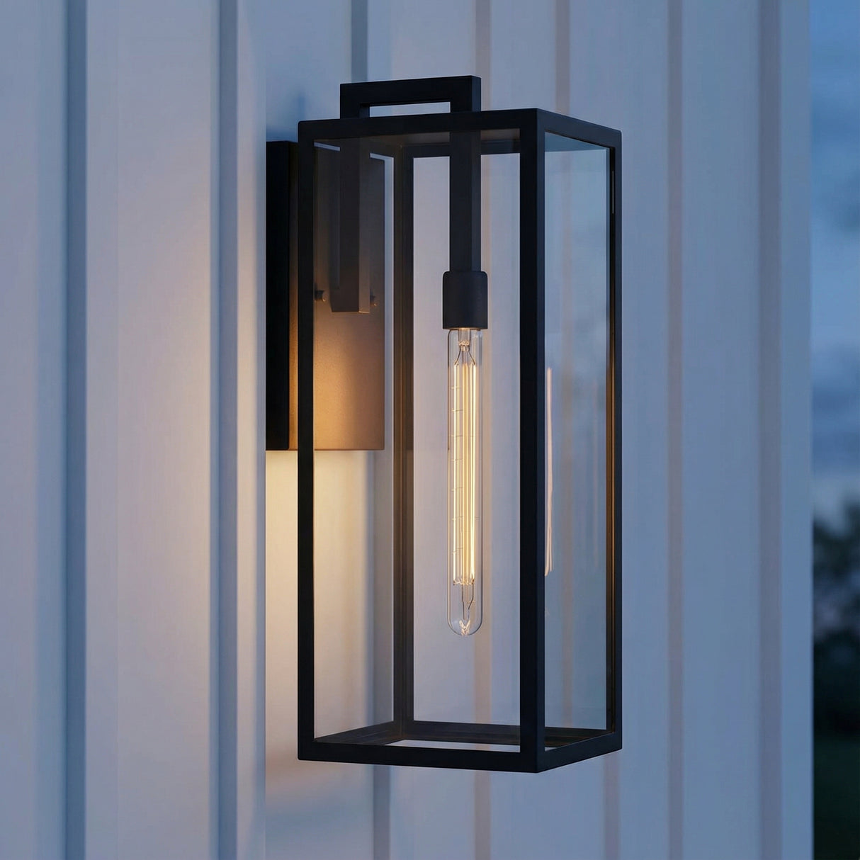 Sam Outdoor Wall Light, Large 24" Matte Black geometric Outdoor Wall in a Modern Outdoor with white vertical siding.