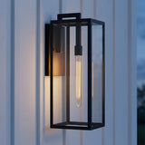 Sam Outdoor Wall Light, Large 24" Matte Black geometric Outdoor Wall in a Modern Outdoor with white vertical siding.